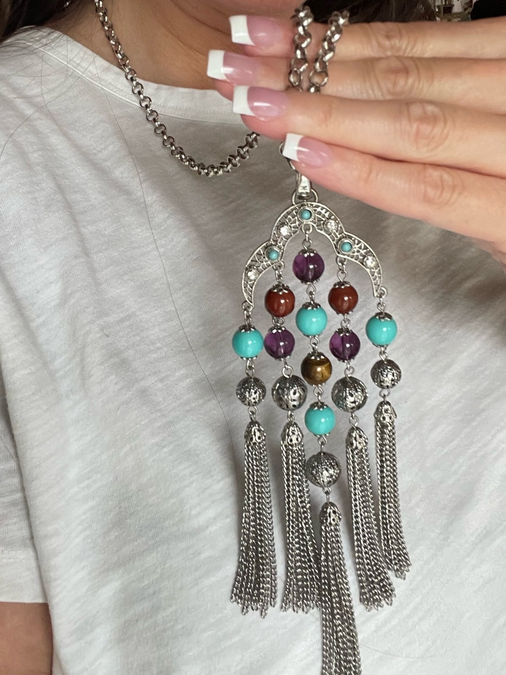 CN Graziano Multi Gemstone Tassel Silver Tone Statement Necklace